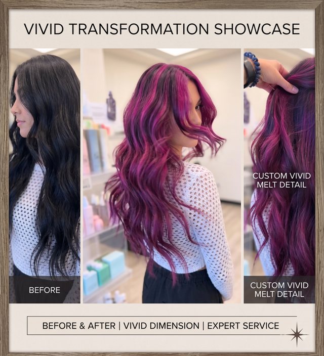 A dark base taken to a custom vivid magenta melt, shown before and after